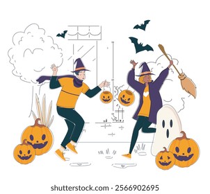 Friends celebrate halloween. Boy and girl in witchs hat near pumpkins. Autumnal international holiday of fear and horror. Children have fun together. Linear vector illustration