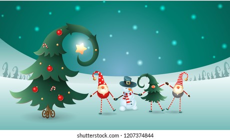 Friends celebrate Winter Solstice, Christmas and New Year. Scandinavian gnomes and snowman with decorated christmas tree. Turquoise snowy winter landscape