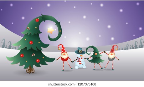 Friends celebrate Winter Solstice, Christmas and New Year. Scandinavian gnomes and snowman with decorated christmas tree. Purple winter landscape