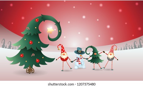 Friends celebrate Winter Solstice, Christmas and New Year. Scandinavian gnomes and snowman with decorated christmas tree. Red winter landscape