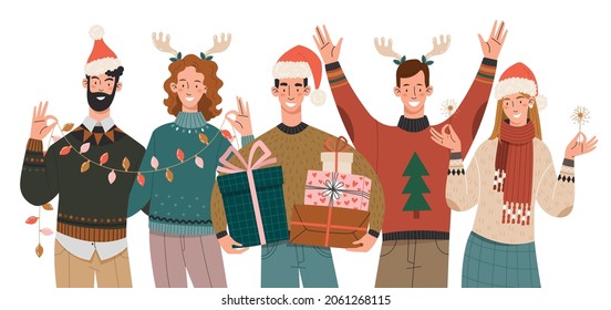 Friends celebrates Christmas and New Year. A group of people in winter clothes are enjoying the holiday.Isolated people on a white background.