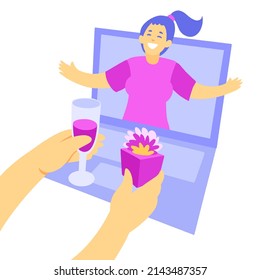 Friends celebrating birthday congratulations on screen of laptop. Hands hold out the gift and wine glass to the screen. Online festive event celebration concept. Vector illustration in flat style.