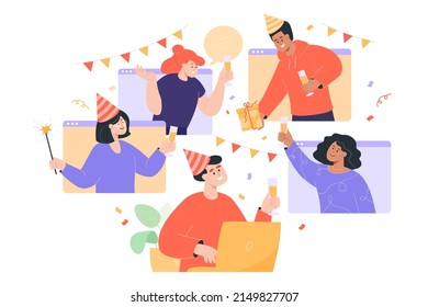 Friends celebrating birthday online flat vector illustration. Men and women having video call or conference during quarantine. Clinking glasses through computer windows. Virtual party, hangout concept