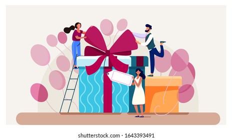 Friends celebrating birthday, packing gifts. People standing at present boxes, holding tag. Vector illustration for surprise, party, festive event, loyalty program reward concept