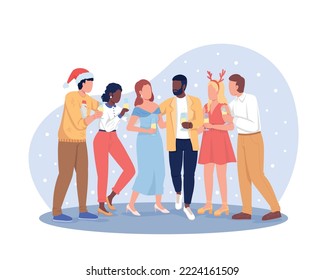 Friends celebrating Christmas 2D vector isolated illustration. Seasonal celebration flat characters on cartoon background. Party colourful editable scene for mobile, website, presentation