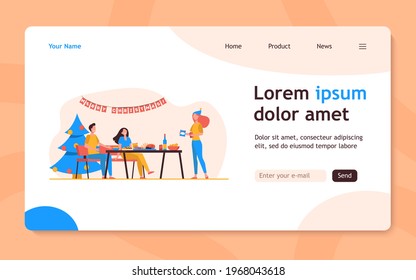Friends celebrating Christmas together. Tree, dinner, table, decoration. Flat vector illustration. Xmas party, festive event, holiday concept for banner, website design or landing web page