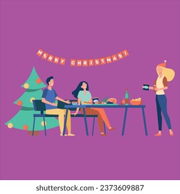 friends celebrating christmas together tree dinner table decoration cartoon vector design illustration