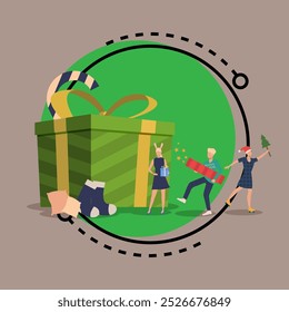 Friends celebrating Christmas vector illustration. Man and women dancing near huge gift box. New Year, Xmas, friendship, holiday, celebration concept for banner or poster design