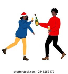 Friends celebrating with drinks during a festive holiday gathering in wintertime