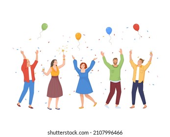 Friends celebrating event. People dancing and toasting celebrates holiday party with balloons confetti, cheers congratulations, vector illustration. Happy party event celebration