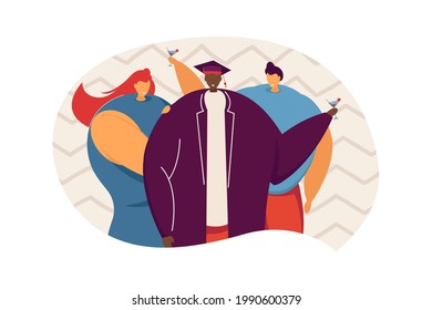 Friends celebrating graduation and drinking cocktails. Young man in graduation hat flat vector illustration. Graduation, celebration, university concept for banner, website design or landing web page