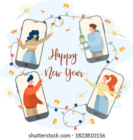 Friends celebrating the new year online. Party online, video call. New Year's card. Quarantine, isolation. Vector illustration.