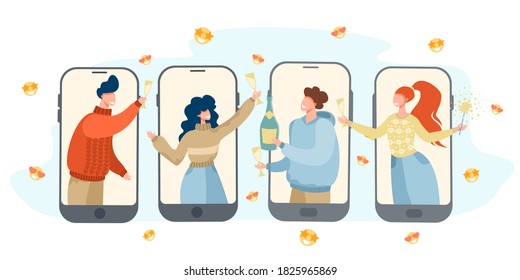 Friends Celebrating The New Year Online. Party Online, Video Call. New Year's Card. Quarantine, Isolation. Vector Illustration.