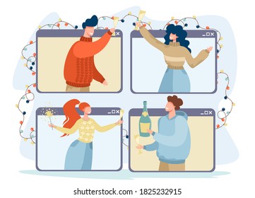 Friends are celebrating the new year. People take selfies, take pictures, a man blows up a clapperboard. Vector illustration.