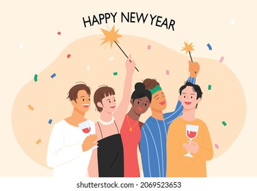 Friends are celebrating the new year. New Year's card. flat design style vector illustration.