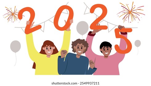 Friends Celebrating New Year's Eve 2025 with Party Decorations, vector.