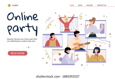 Friends Celebrating Online Birthday, New Year Or Virtual Graduation Party Via Internet. Fun Distance Meeting Family. People Drink Beverages And Play Guitar. Vector Design For Web