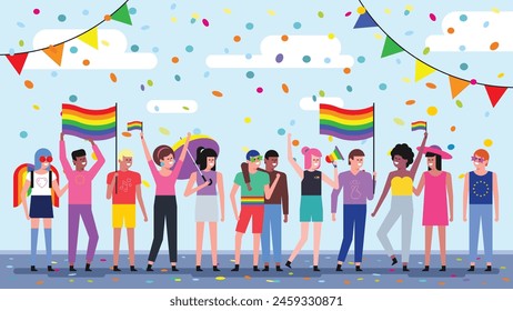 Friends celebrating pride festival. LGBTQ community concept. Modern vector illustration