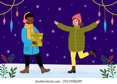 Friends celebrating winter holidays with gifts and joy in a cheerful festive setting