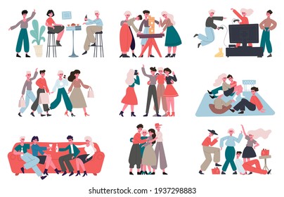 Friends characters. Happy friends spend time together, enjoy chatting and outdoor recreations. Friendship and communication vector illustration set
