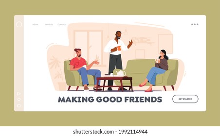 Friends Characters Meeting at Home Landing Page Template. Company of Young People Drinking Tea, Eating Cookies, Having Conversation, Communicating, Chatting, Spending Time. Cartoon Vector Illustration