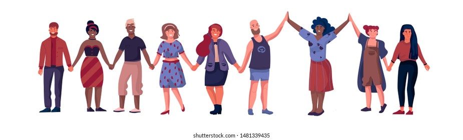 Friends characters. People standing together and holding hands, cartoon friendship and unity concept. Vector illustrations happy flat boys and girls join hands up