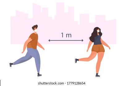 Friends Characters Roller Skating during Quarantine in City in Medical Masks.Healthy Lifestyle.Man and Woman running.Social Distance.Outdoor Sport Activity during Covid 19.Flat Vector Illustration