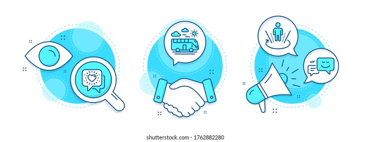 Chat de los amigos, realidad aumentada e íconos de línea de viaje de Bus ajustados. Contratos de apretón de manos, investigación y promoción de iconos complejos. Señal de emoción feliz. Amistad, realidad virtual, transporte. Chat web. Vector