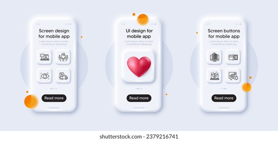 Friends chat, Bitcoin and Accounting line icons pack. 3d phone mockups with heart. Glass smartphone screen. Payment methods, Health eye, Hold heart web icon. Vector