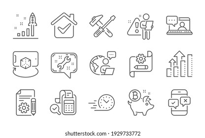 Los amigos chatean, Documentation y los iconos de la línea de monedas de Bitcoin se configuran. Gráfica de análisis, pancartas y señales de realidad aumentada. Entrega rápida, contabilidad de facturación y símbolos del plan de desarrollo. Conjunto de iconos de línea. Vector