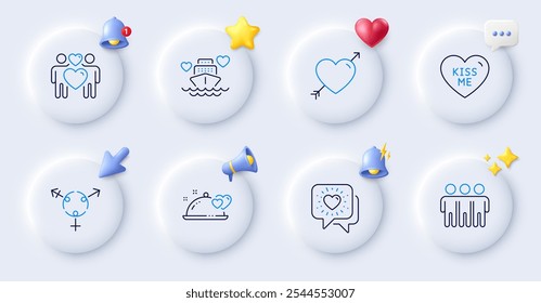 Friends chat, Love couple and Friendship line icons. Buttons with 3d bell, chat speech, cursor. Pack of Kiss me, Romantic dinner, Love icon. Honeymoon cruise, Genders pictogram. Vector