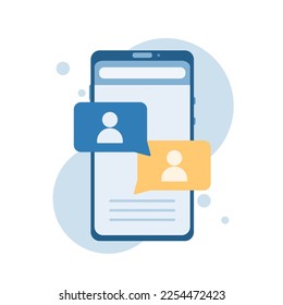 Friends chat on phone. Messaging via phone. Chatting in messenger. Social Media chat and communication concept. Friends Characters with speech bubbles. Vector illustration in flat cartoon style.