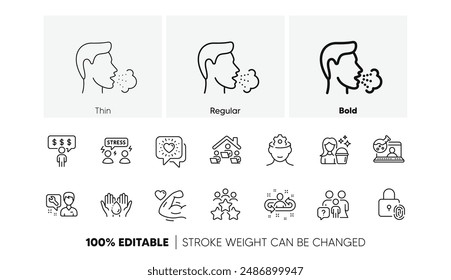 Iconos de línea de reunión de negocios, química en línea y chat de amigos. Pack de lavado de manos, reclutamiento, icono de trabajo cerebral. Estrés difícil, Reparador, Pictograma de beneficios del empleado. Iconos de línea. Vector