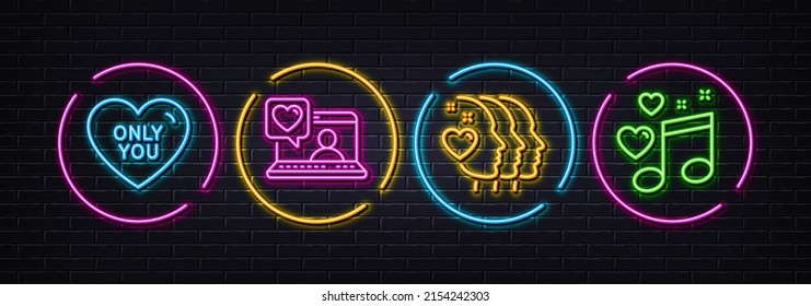 Friends chat, Only you and Friends couple minimal line icons. Neon laser 3d lights. Love music icons. For web, application, printing. Love, Friendship, Musical note. Neon lights buttons. Vector