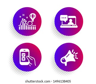 Friends chat, Roller coaster and Mobile survey icons simple set. Halftone dots button. Megaphone sign. Message, Attraction park, Phone quiz test. Brand advertisement. Technology set. Vector