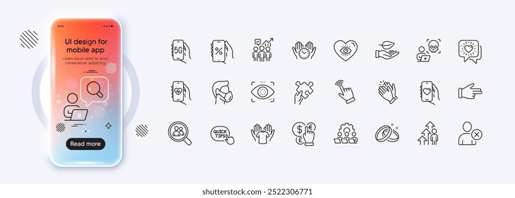 Chat de amigos, trabajo en equipo y mantener iconos de línea de camiseta para App de Web. Pantalla de degradado de maqueta de teléfono. Paquete de manos de aplauso, estadísticas de negocios, anillos de boda iconos de pictogramas. Vector