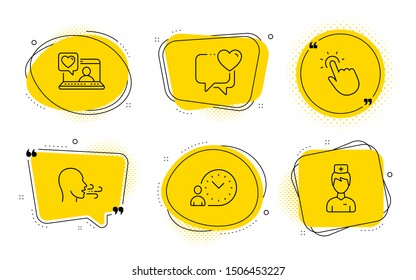 Friends chat, Touchpoint and Doctor signs. Chat bubbles. Breathing exercise, Time management and Heart line icons set. Breath, Work time, Love chat. Love. People set. Vector