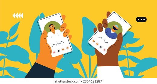 Friends chatting. New generation. Concept of social networks, virtual relationships. Friends chatting and texting. Vector flat illustration.	
