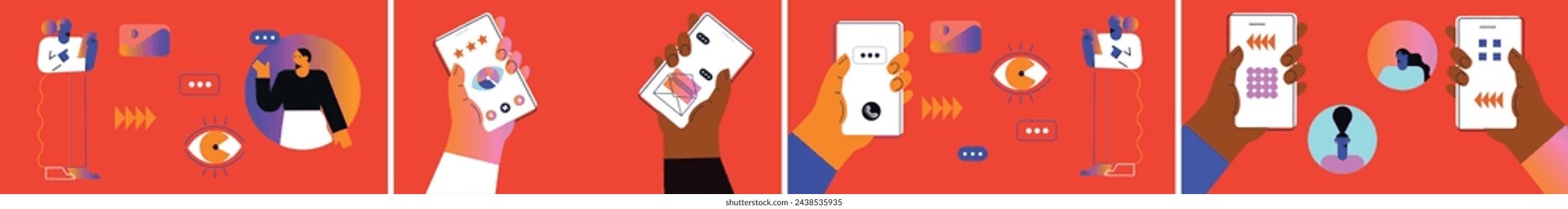 Friends chatting. New generation. Concept of social networks, virtual relationships. Friends chatting and texting. Vector flat illustration.	
