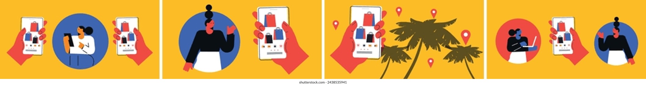 Friends chatting. New generation. Concept of social networks, virtual relationships. Friends chatting and texting. Vector flat illustration.	

