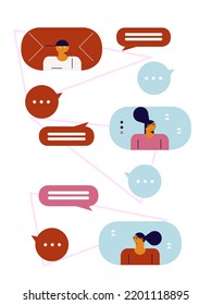 Amigos charlando. Nueva generación. Hombres y mujeres jóvenes en sintomatología hipster de moda. El concepto de redes sociales, relaciones virtuales. Ilustración plana vectorial.