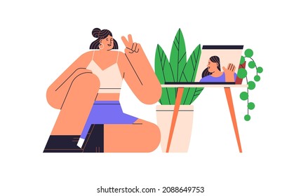 Friends chatting at online video call. Happy woman greeting girlfriend on laptop screen. People communicate through internet. Virtual communication concept. Flat vector illustration isolated on white