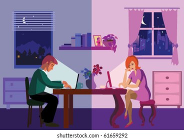 Friends chatting over internet.Vector illustration.