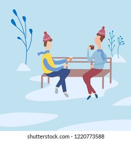 friends chatting in a park on a bench and drinking coffee