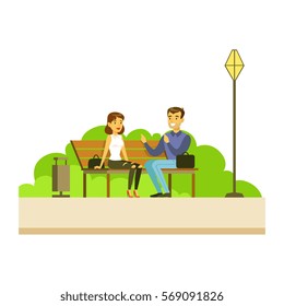 Friends Chatting Sitting On The Bench, Part Of People In The Park Activities Series