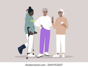 Friends Chatting Supportively, One bearing Crutches and hard shell protective Boot, Three characters engage in a cheerful chat
