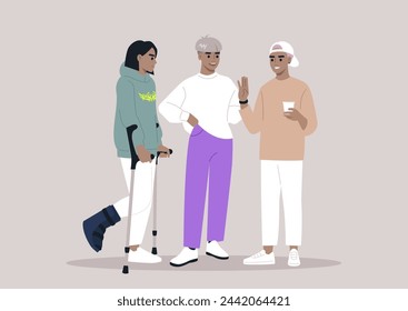 Friends Chatting Supportively, One bearing Crutches and hard shell protective Boot, Three characters engage in a cheerful chat