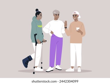 Friends Chatting Supportively, One bearing Crutches and hard shell protective Boot, Three characters engage in a cheerful chat