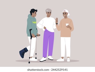 Friends Chatting Supportively, One bearing Crutches and hard shell protective Boot, Three characters engage in a cheerful chat