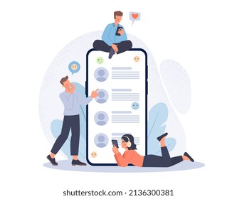 Friends chatting and texting concept. Men and women sitting or standing next to large smartphone, writing messages on social networks or chat. Online communication. Cartoon flat vector illustration